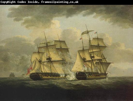 unknow artist An oil painting of a naval engagement between the French frigate Semillante and British frigate Venus in 1793
